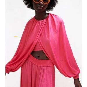 Zara Top Crop Balloon Statement Sleeve Hot Pink Bloggers Favorite Small